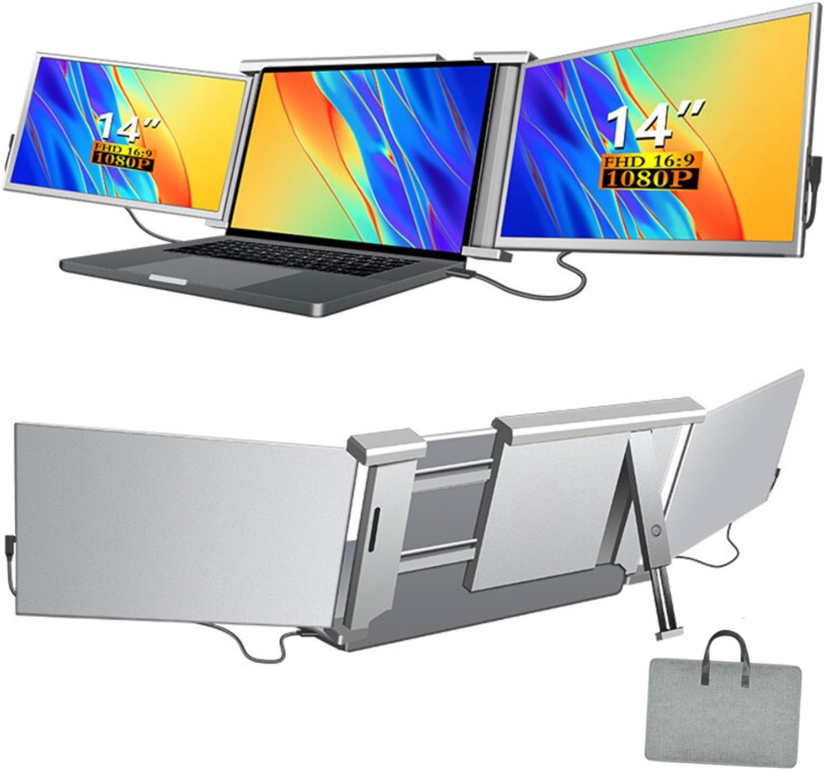 YOR® Professionele Portable Monitor Pro 2024 - Full HD - 13” / 16,5” Tri-Screen - Laptop Scherm Uitbreider - Inclusief Beschermhoes en Kabels - Krachtig - Zilver - 4cm x 34cm x 23cm
