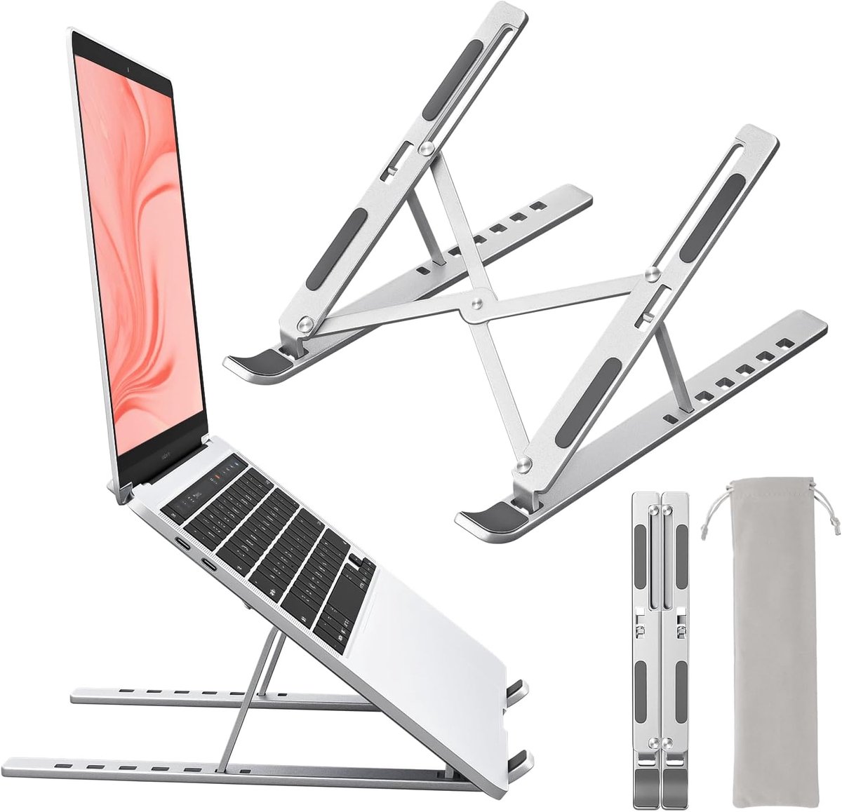 TJ Essentials Laptop Standaard – Verstelbaar en Opvouwbaar – Ergonomische Stand – Aluminium – 9 tot 17,6 Inch – Zilver