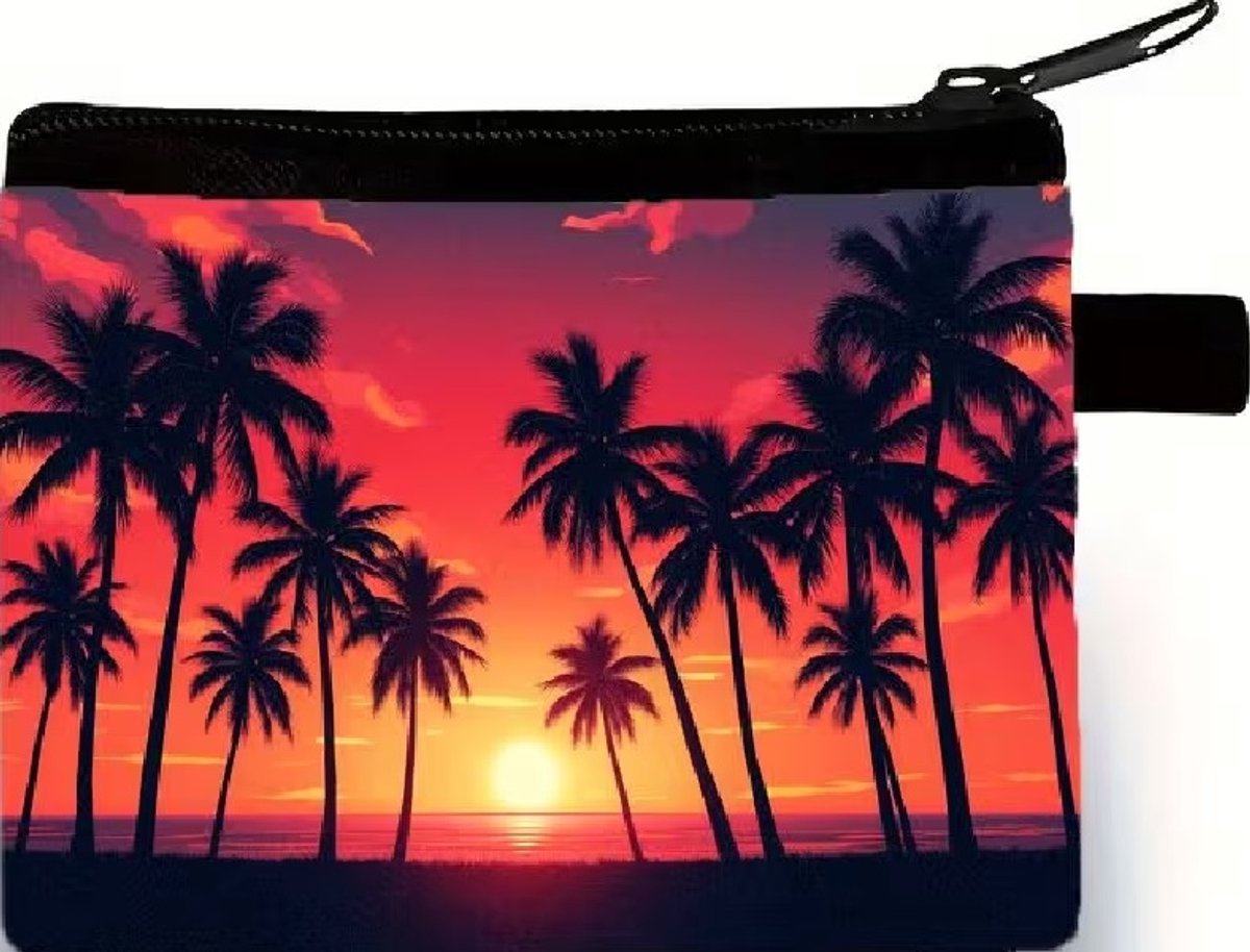 Gemakkelijk om erbij te hebben, dit handige rits portemonneetje 10x14cm. Een mooie afbeelding van palmbomen op het strand met de zon erachter. Erg leuk om voor jezelf te kopen of om cadeau te geven. Ook leuk bij Sinterklaas, Kerst of vakantie.