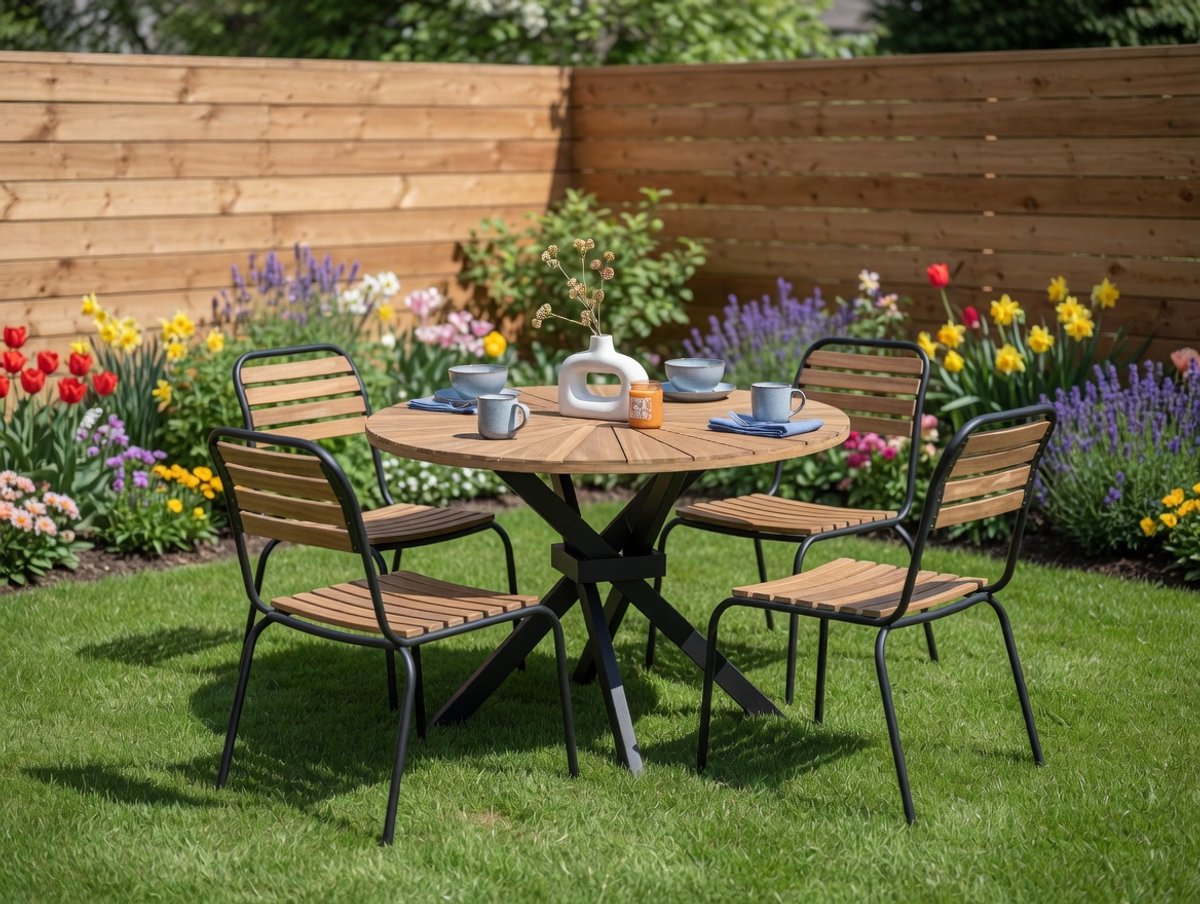 Ronde Tuin Eettafel 110 cm Acaciahout Lichthout – Houten Tuintafel met Latten Zonnestraalp