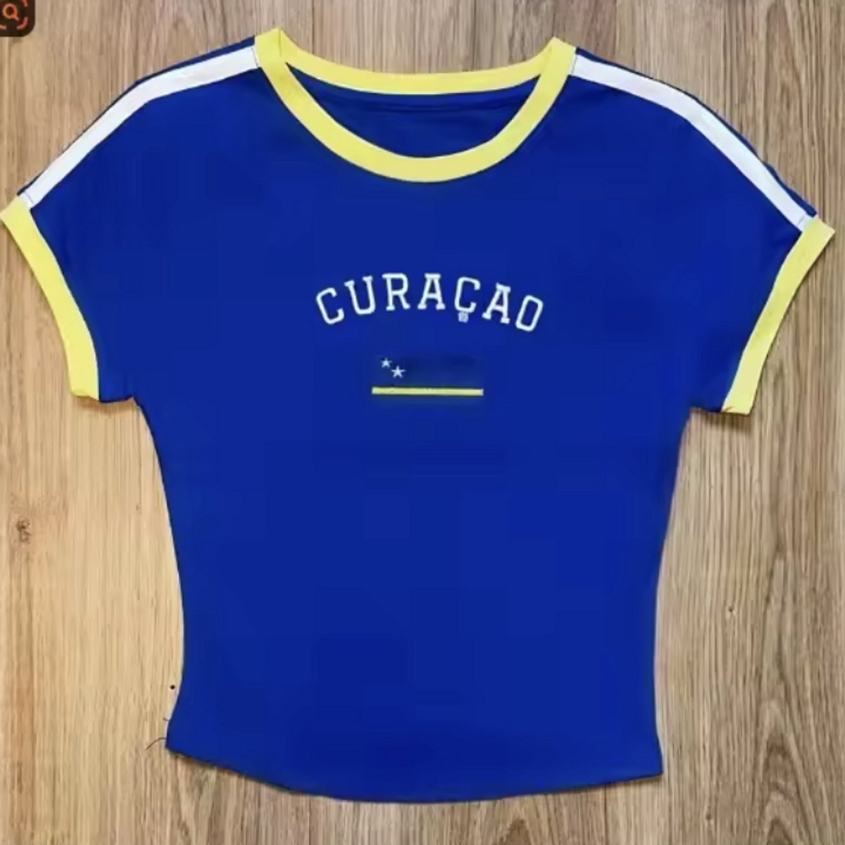 Curacao Dames T-Shirt - Maat: L - Crop Top / Shirtje - Curacao / Korsou - Nederlandse Antillen - Hoge Kwaliteit - Blauw & Geel - WK2026 / Voetbal - Curacao Elftal / Blue Wave - Merchandise - Shirt met Curacaose Vlag - Curacao Voetbalshirt