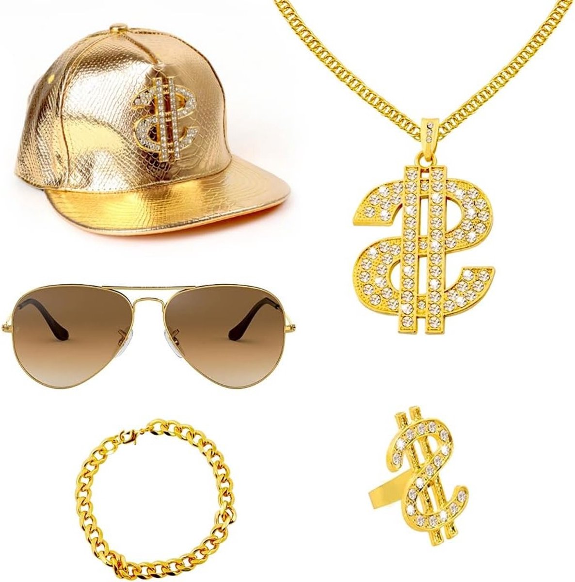 90s Hip Hop Kostuum voor Mannen met 80s en 70s Accessoires - Carnaval Gangster Outfit met Pet, Gouden Dollar Ketting, Ring en Zonnebril - 5 Delige Set