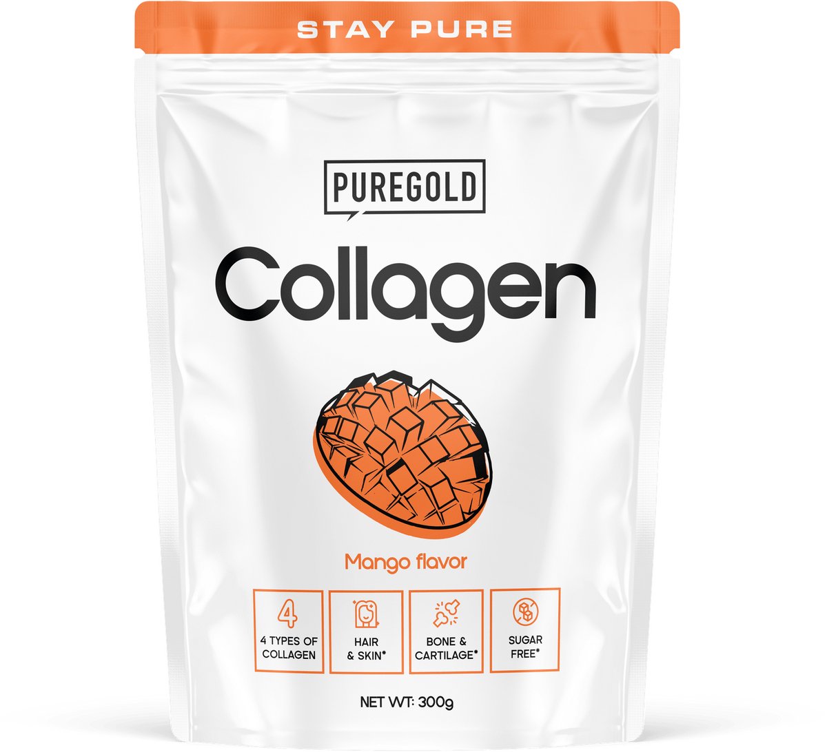 Pure Gold Collagen Rundercollageen Poeder – 300g – Mango – 25 Porties – 4 Types Collageen met Vitamine C, A, Zink & Selenium