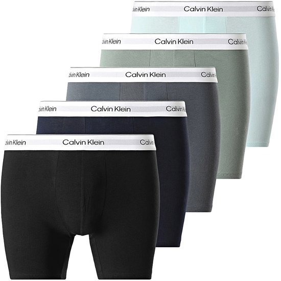 Vijf Calvin Klein boxershorts in verschillende kleuren: zwart, donkerblauw, grijs, groen en lichtblauw, met witte tailleband.