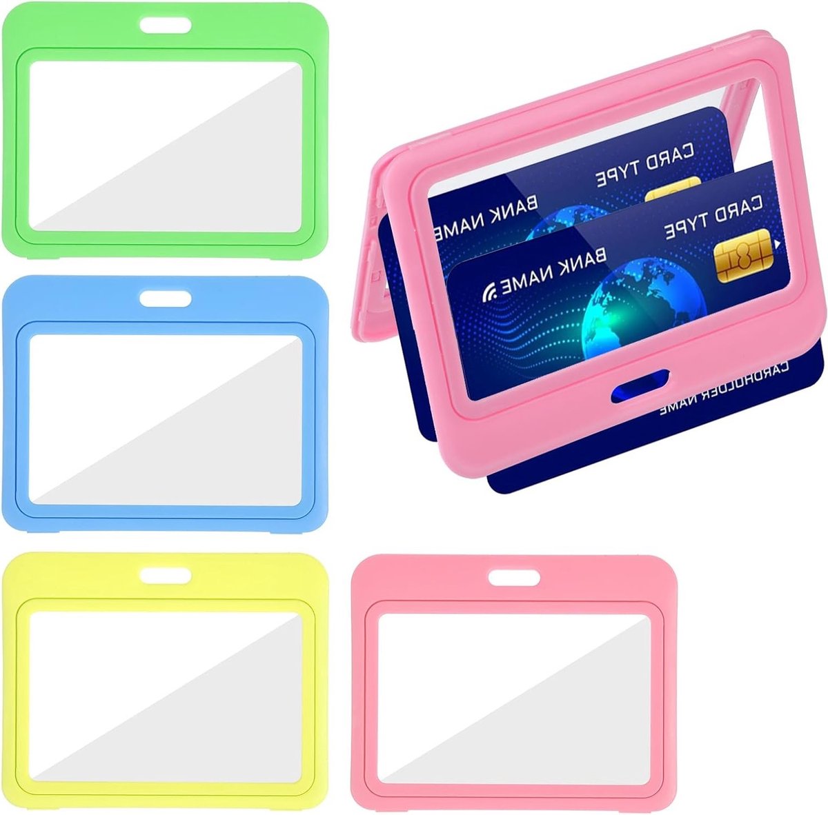 Set van 4 ID Kaart Houder van Hard Plastic voor Kantoor en School, Bescherming van Stempels en Identiteitskaarten in Lichtblauw, Fluorescent Groen, Geel en Roze