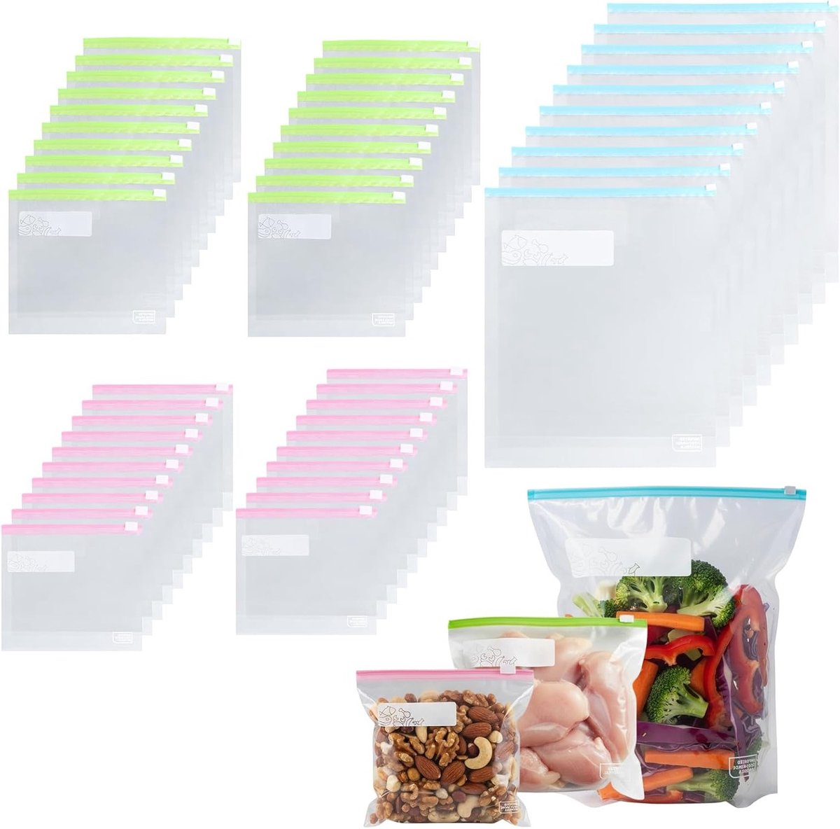 50 Herbruikbare Diepvrieszakken met Ziplock (3 Maten) voor Brood, Fruit en Vlees