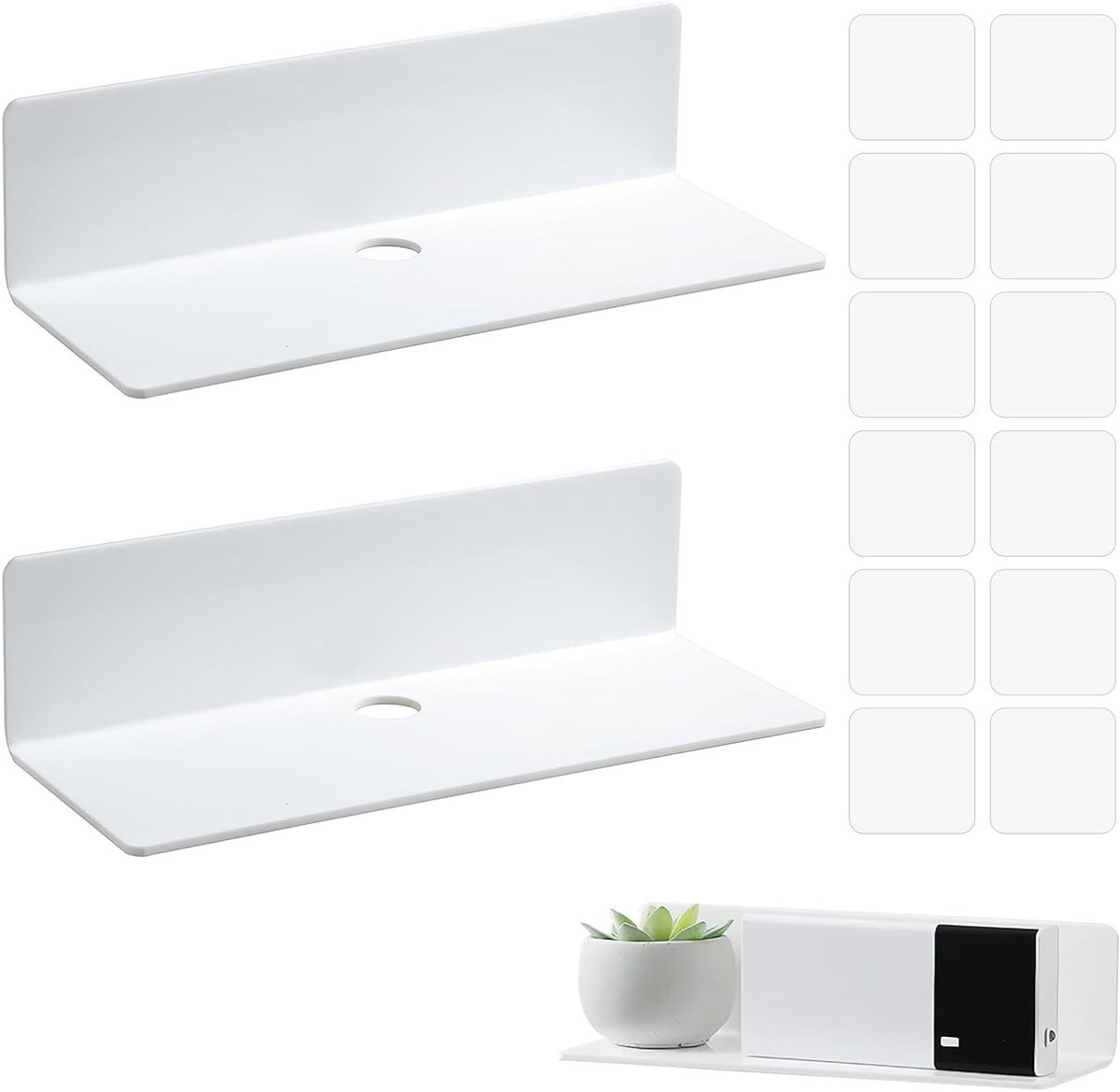 Set van 2 Witte Zwevende Wandplanken, Acryl Planken voor Badkamer, Keuken en Woonkamer, Zelfklevende Planken voor Thuis en Kantoor
