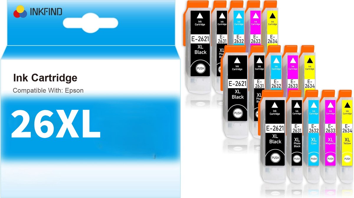 INKFIND 26XL inktcartridge 15 Pack (Zwart*3+Foto Zwart*3+Cyaan*3+Magenta*3+Geel*3) compatibel met Epson T2621/T2631/T2632/T2633/T2634 voor Epson Expression Premium XP 820 810 800 720 710 700 625 620 615 610 605 600 520 510 -15-pack