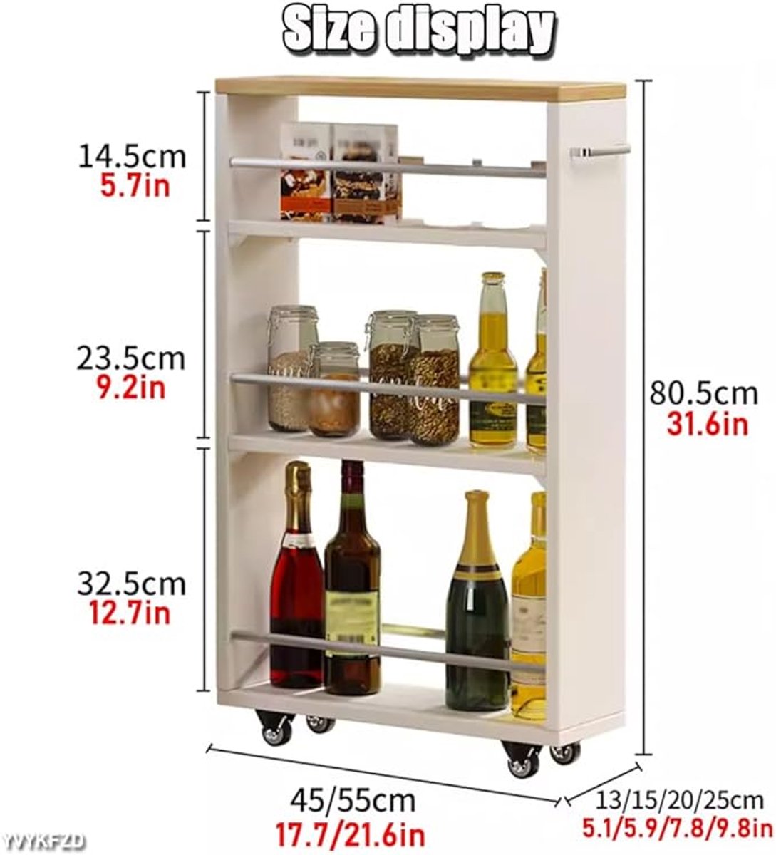 Schmaler Rollwagen 4 Etagen – Smalle Keukenwagen met Wielen 54,9 x 24,9 x 80,3 cm – Multifunctioneel Slim Opbergrek voor Keuken, Badkamer, Wasruimte & Kleine Ruimtes