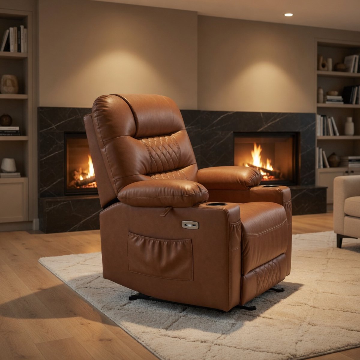 Elektrische Relaxfauteuil Bruin – TV Stoel met Ligfunctie 108-153° – USB-C & Bekerhouder – Ademend Kunstleer 83x88x110 cm – Ganeey