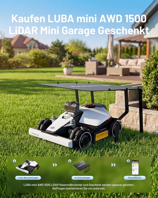 Robot grasmaaier zonder begrenzingsdraad 1500m² - LUBA Mini AWD LiDAR 20cm maaibreedte 80% helling 3D AI Vision GPS 4G slimme robotmaaier - HomebyNicole van Merkloos	 — afbeelding 3