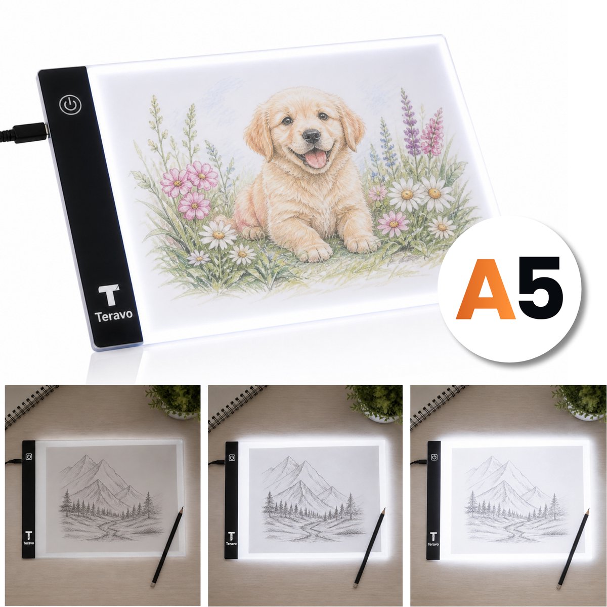 Teravo LED Tekentablet A5 - Ultradunne Light Pad - 3 Standen Verstelbare Helderheid - Ideaal voor Tekenen/Schetsen/Overtrekken - USB-C Inbegrepen