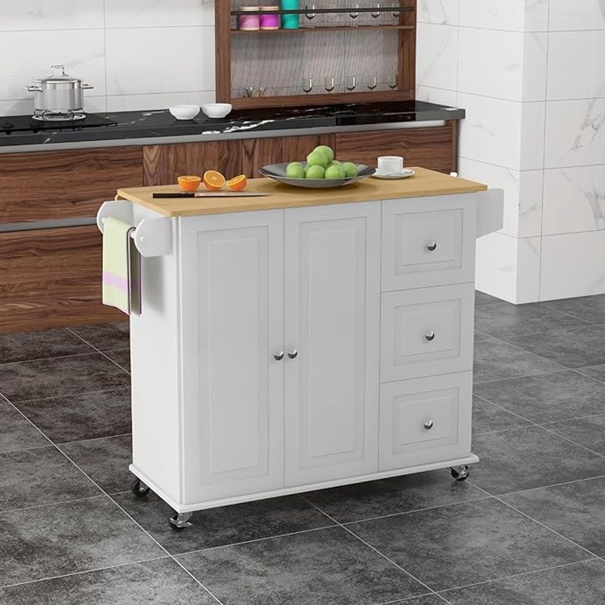 Keuken Eiland Keukentrolley met Uitschuifbaar Werkblad, Lades, Kast en Opbergrekken – Verrijdbare Multifunctionele Keukenwagen met Wielen, Kruidenrek & Handdoekhouder