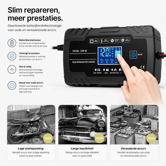 Sounix Acculader - 12/24V - 8A/4A - 96W - Accu Lader voor Auto / Motor / Scooter / Boot / Camper - Zwart