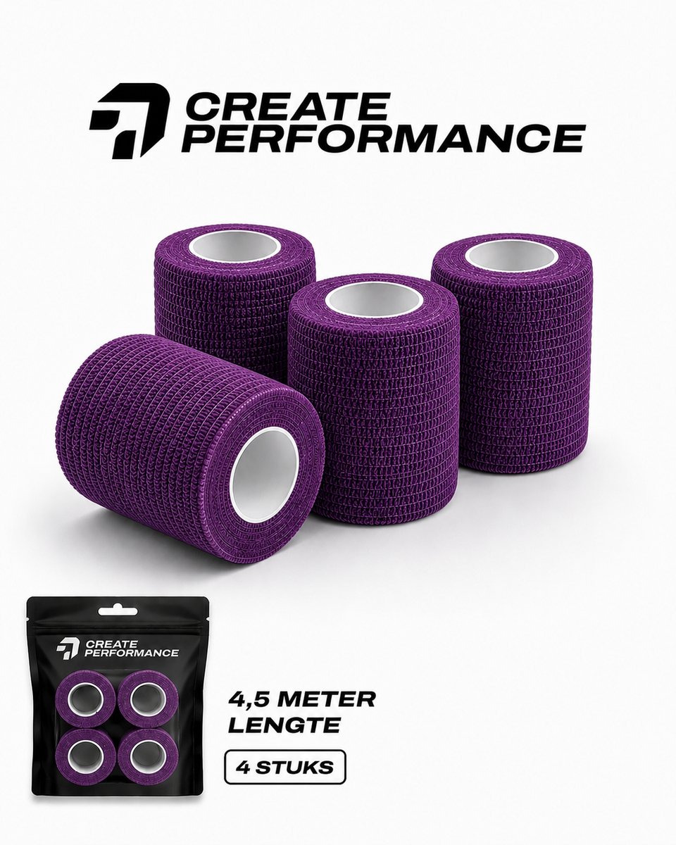 CREATE PERFORMANCE Voetbal Sokken Tape - Sokwrap - Underwrap - Cohesive Bandage - Sporttape - 4 stuks - Paars - Inclusief Tape Tasje