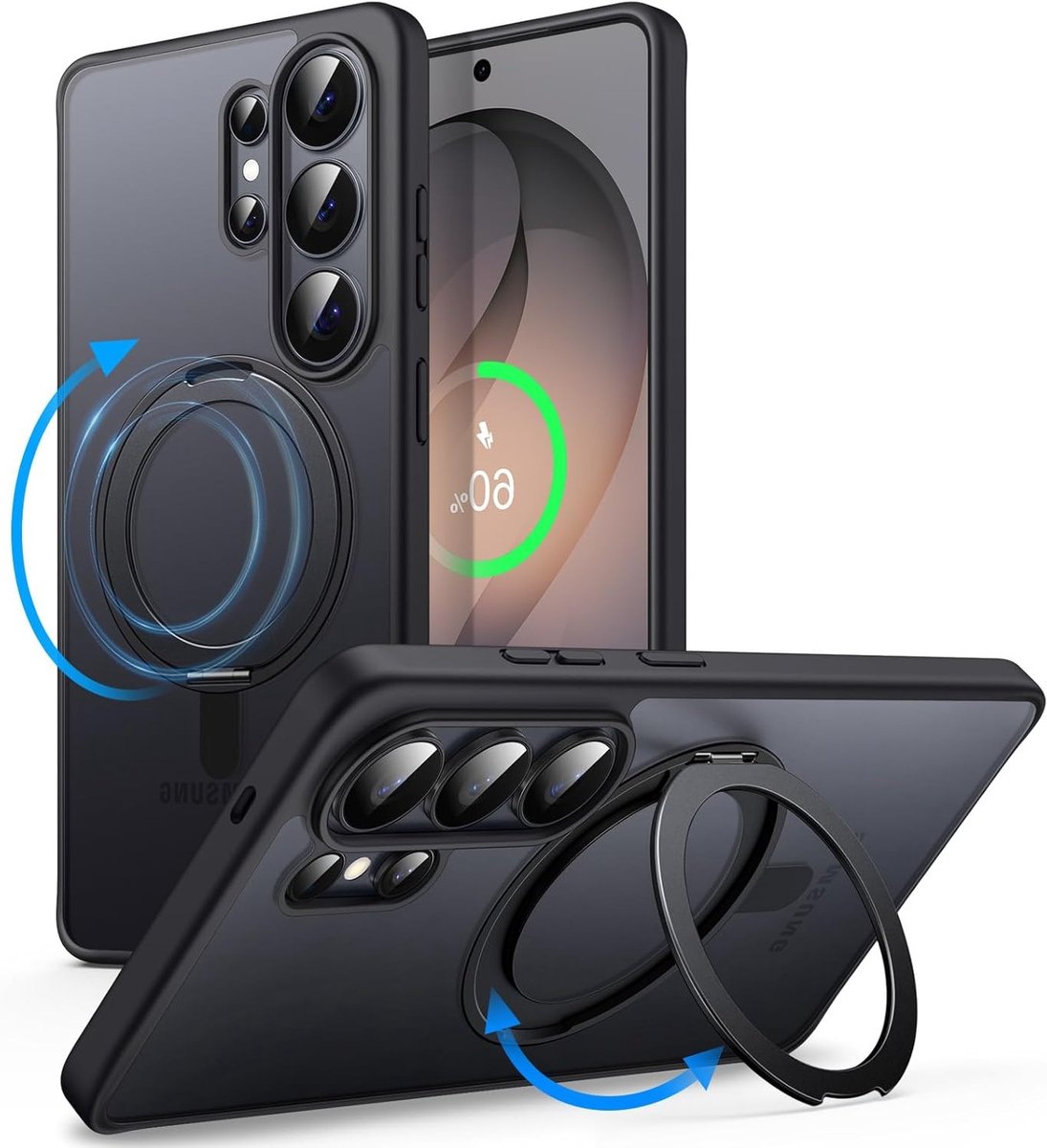360 Graden Draaibare Ring Case voor Samsung Galaxy S26 Ultra, Compatibel met MagSafe, Matte Schokbestendige Telefoonhoes met Kickstand en Ringhouder - Zwart
