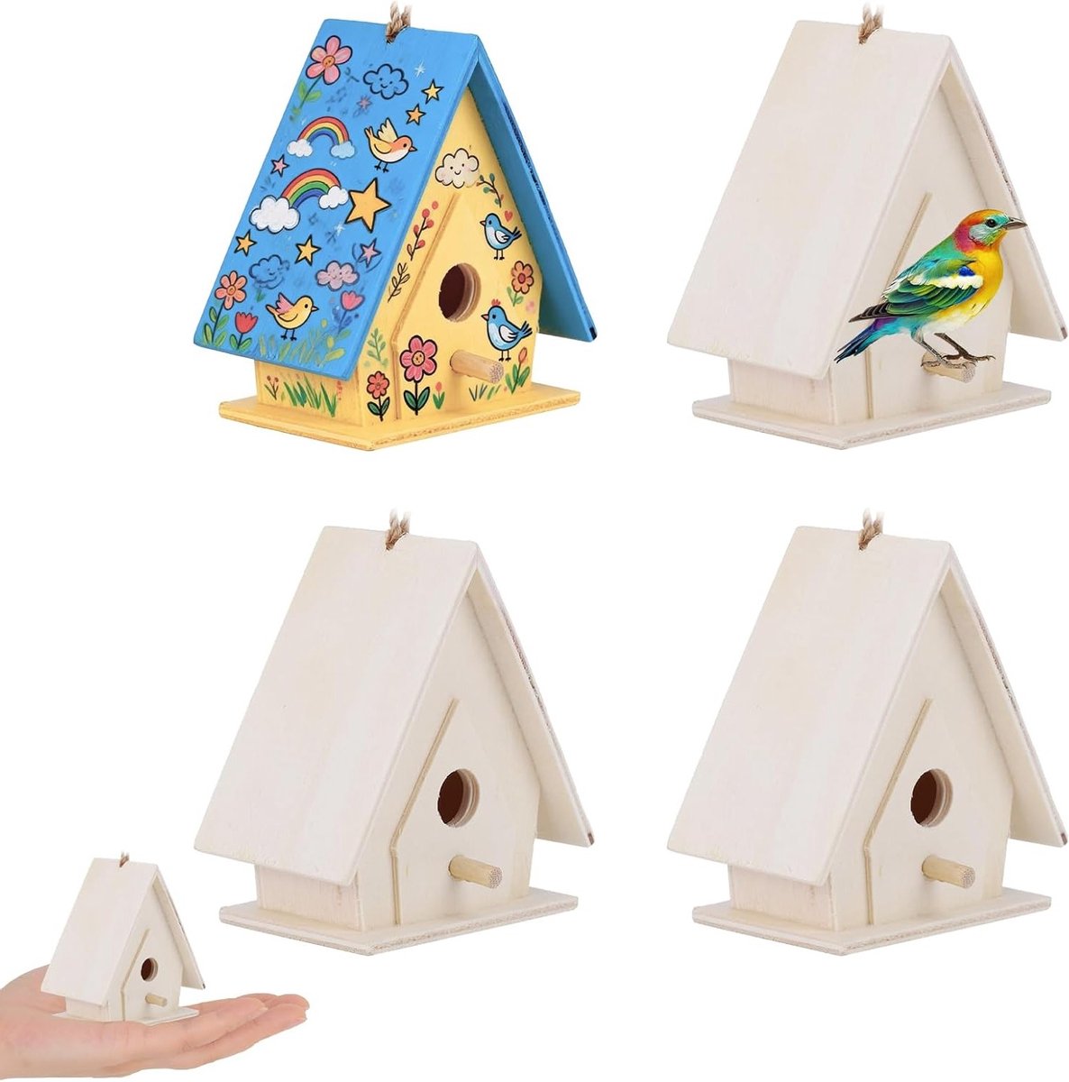 4 Stuks Houten Vogelhuisjes, Mini Hangende Nestkasten voor Tuin en Binnenplaats Decoratie en Ambachten