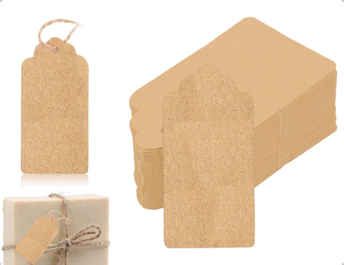 Pack van 100 witte kraftpapier labels voor schrijven, ideaal voor bruiloften, doopfeesten en decoratie met jute koord