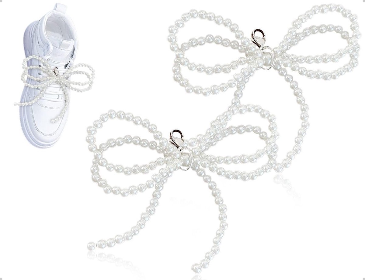EGoods - Set van 2 schoensieraden met parels en strik, doe-het-zelf schoenaccessoires voor veters, sneakers - schattige en stijlvolle kant voor dagelijks gebruik van vrouwen