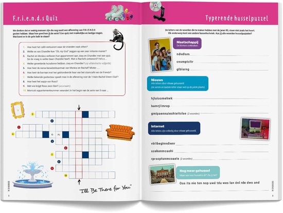 Pagina uit 'De moderne jaren 90', met een 'F.R.I.E.N.D.S.' quiz en een letterpuzzel.