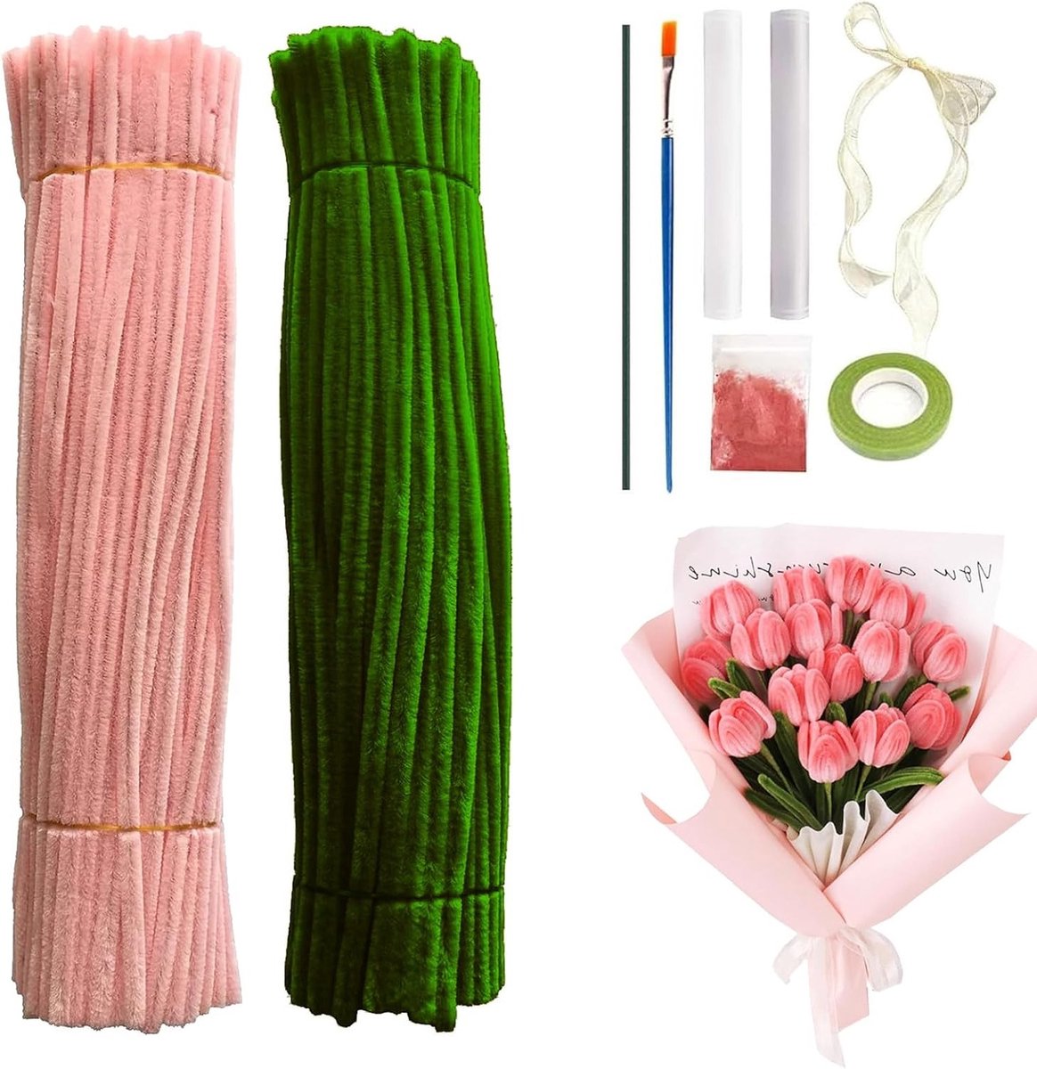 Creatieve Doe-Het-Zelf Pijpjesreiniger Kit - 200 Stuks, 5 Kleuren, Bloemstelen, Tape en Versieringen voor Handgemaakte Knutselprojecten