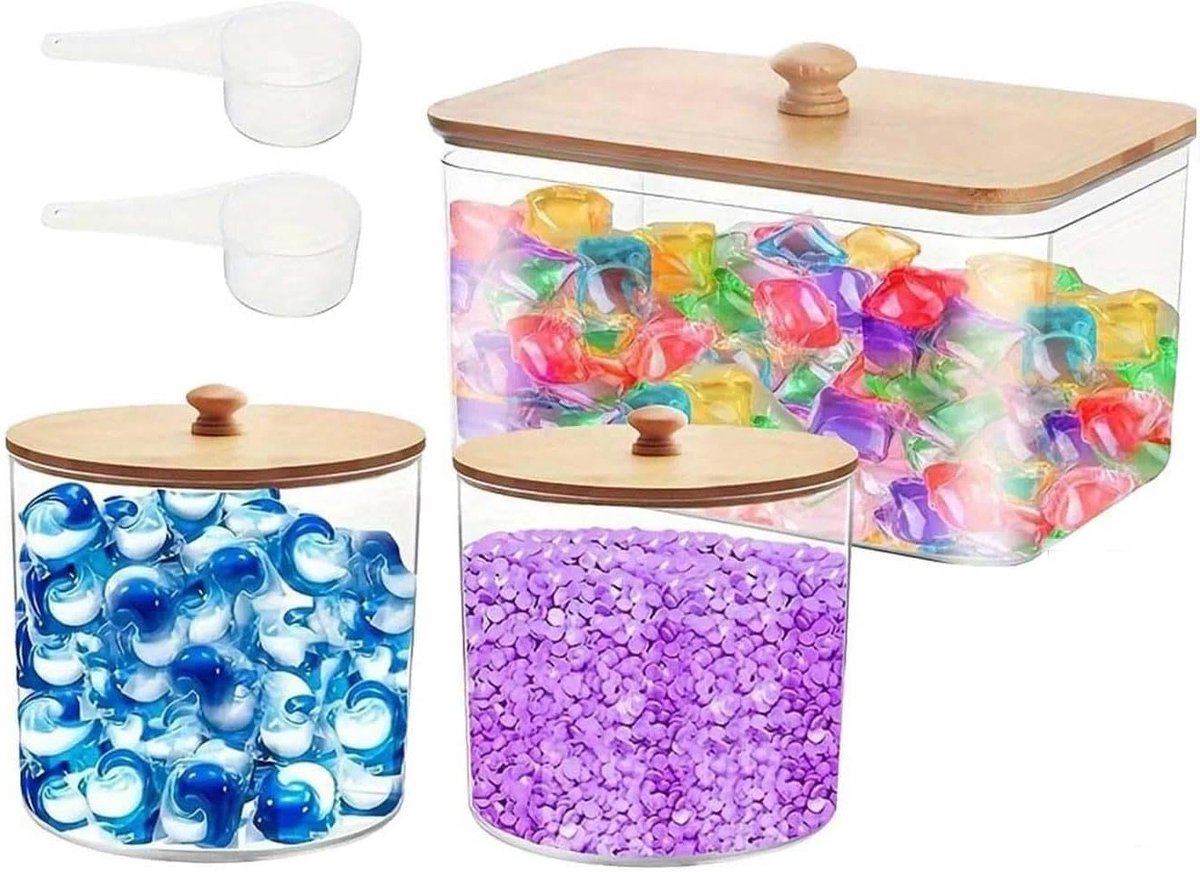 Opslagdoos voor wasmiddel en waspoeder met stickers, houten deksel en lepels; ideaal voor het bewaren van vloeibaar wasmiddel, capsules en poeder.