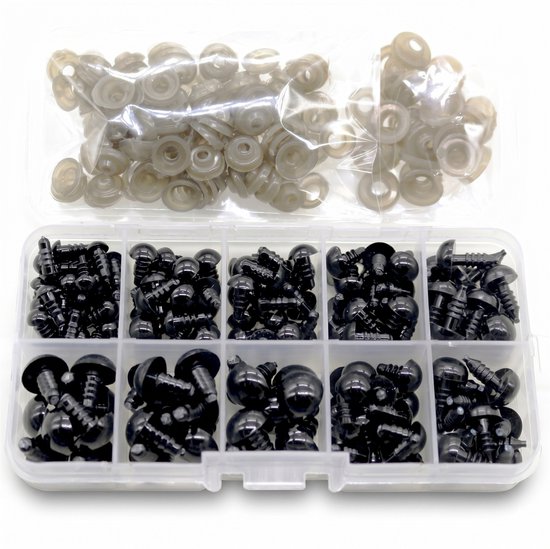 Somstyle Veiligheidsoogjes met Sluitringen Set - 100 Stuks - Ogen voor Knuffels - 6 MM, 8 MM, 9MM, 10 MM & 12 MM - Veiligheidsneusjes - Met Opbergdoos - Zwart & Bruin