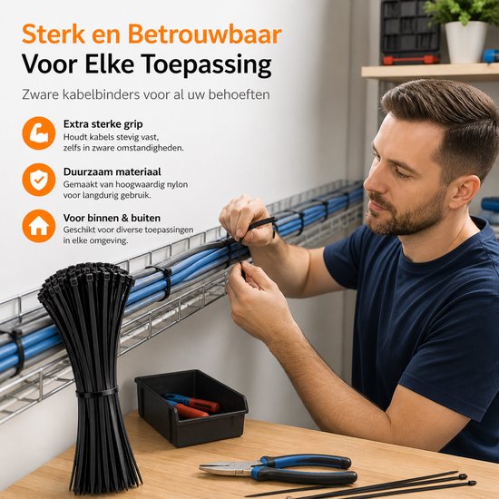Man gebruikt zwarte kabelbinders om kabels te organiseren in een werkplaats.