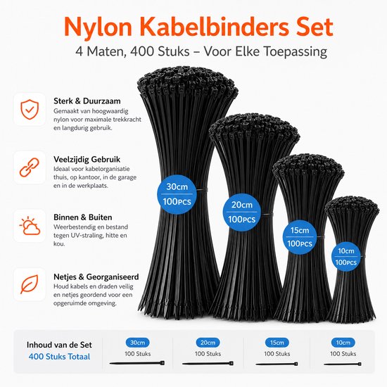 Set van 400 zwarte kabelbinders in 4 maten: 10cm, 15cm, 20cm en 30cm.