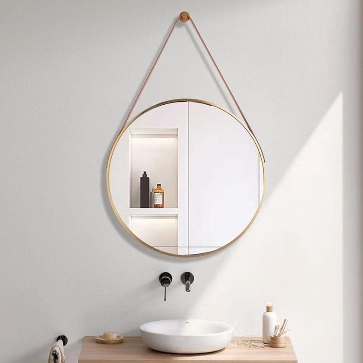 Ronde Wandspiegel van 30 cm met Leren Hangriem - Decoratieve Make-up Spiegel voor Woonkame