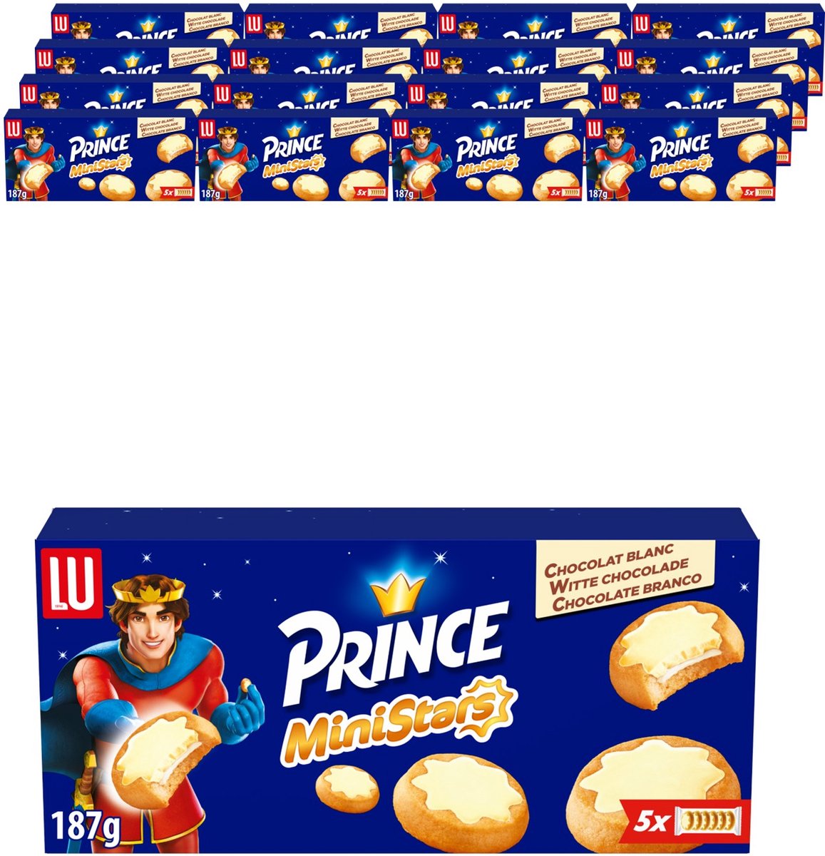 LU Prince MiniStars Koekjes Witte Chocolade 16 x 187,5g (5 x 37,5g) - Koek voor Onderweg - Koffie - Thee - Werk - Voorraad - Witte Chocolade Vulling - Meeneemverpakking