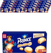 Grote verpakking met 10 dozen Prince MiniStars koekjes met witte chocolade. Prins, ster- en cirkelvormige koekjes.