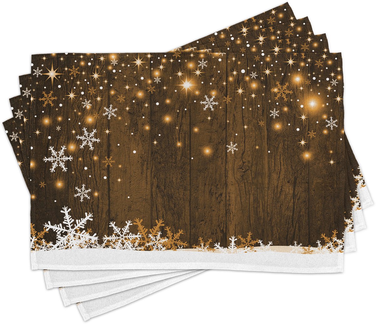 ABAKUHAUS kerstplacemats, hout en sneeuwvlokken, wasbare stof eetkamerkeukentafeldecoratie digitale print, ivoorbruin