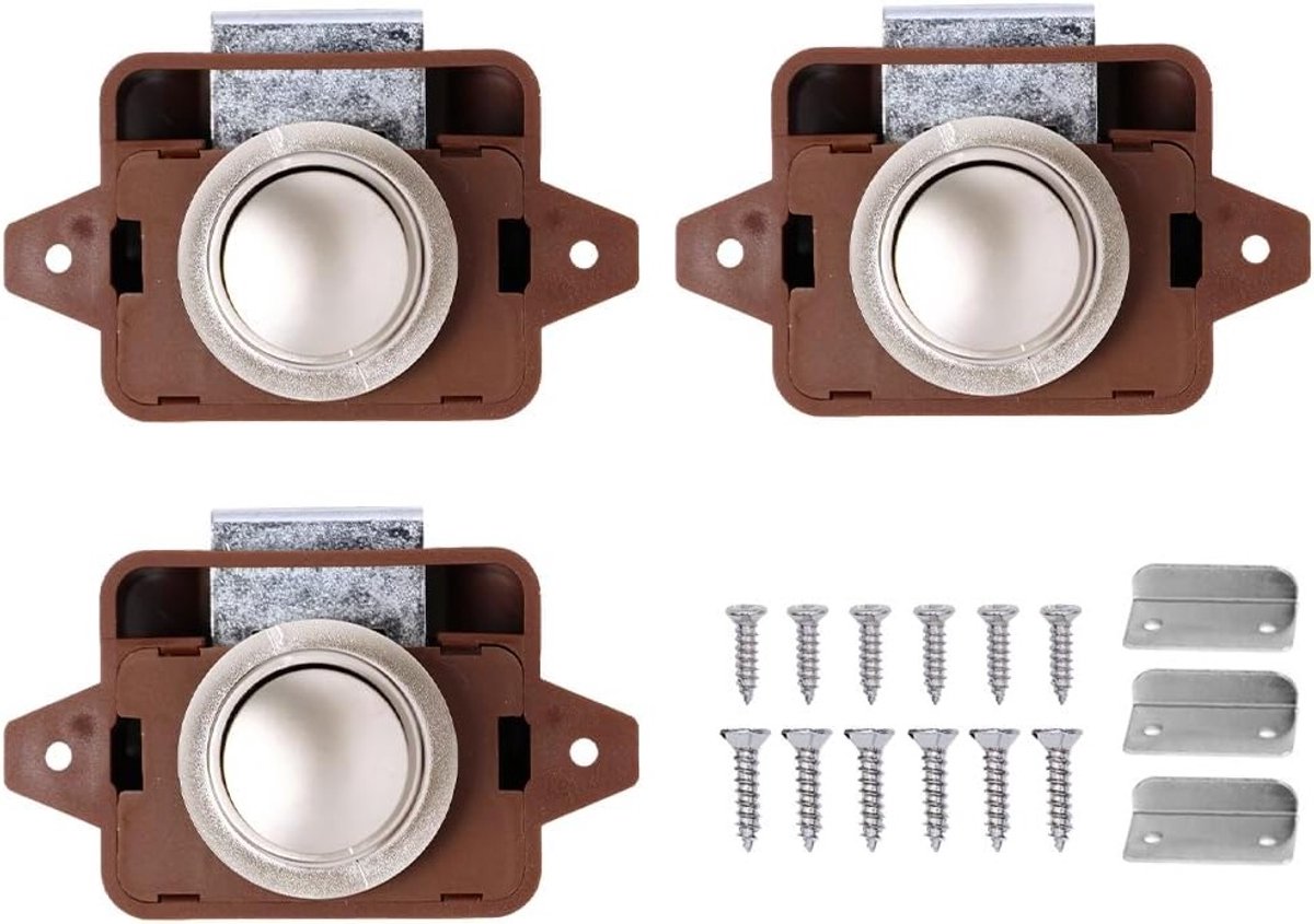 3 Stuks Drukknop Deurslot, Mini Drukknop Slot voor Kast, Lade en Caravan, Bruin Deurslot voor Veiligheid en Gemak