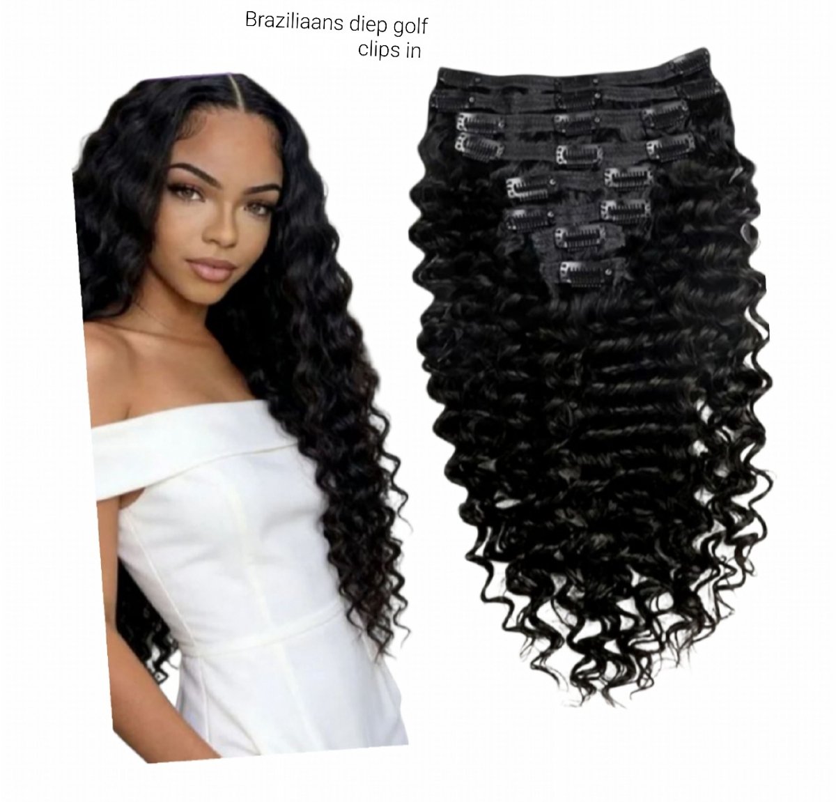 Frazimashop Clip-in Extensions 20 Inch (50 cm) – Braziliaans Remy Human Hair – Diep Golf (Deep Wave) – Kleur 1B Natural Black – 87g – 7 Stuks – Echt Haar Extensions