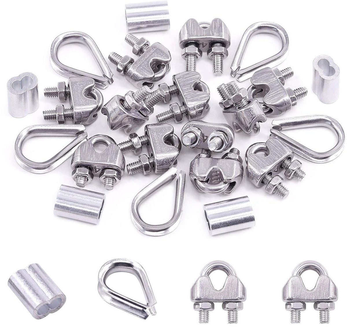 24-delige M4 (3/16") Draad Touw Accessoire Set met Klemmen, RVS Oog en Aluminium Crimp Loops voor 1/8" Draad Touw Kabel