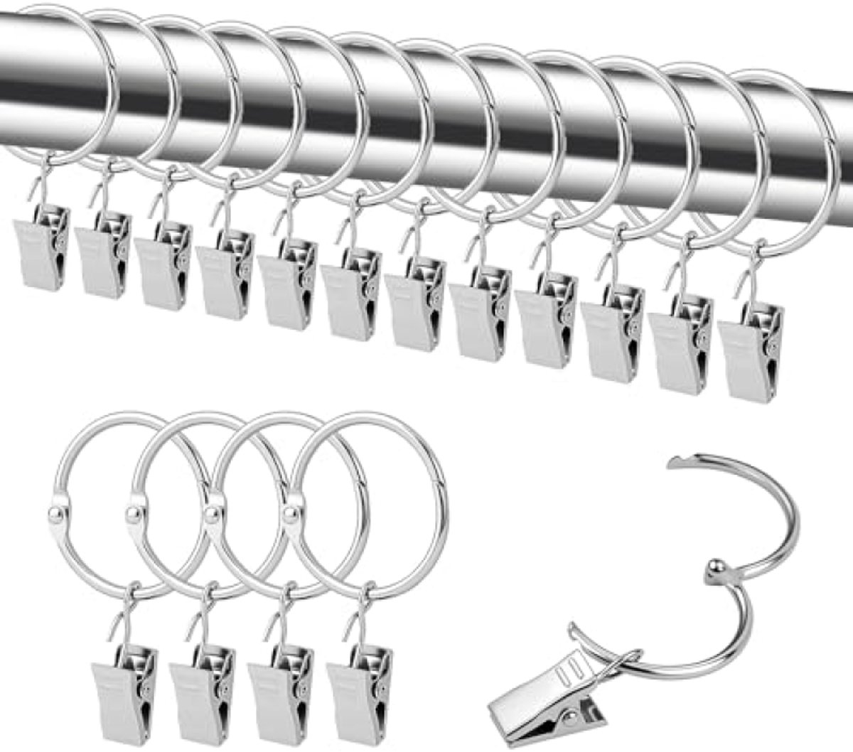PromoHome 25 stuks metalen gordijnringen met clips, 32 mm binnendiameter, voor gordijnen en douchegordijnen, zilver