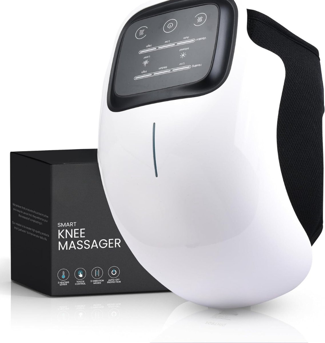 YOR® Knie Massage Apparaat - Rood Lichttherapie Met 3 Verstelbare Warmtes en Trillingen - Infrarood Massageapparaat - Kniebrace Massager voor Pijnbestrijding & tegen Gewrichtspijn – Draadloos - Zwart/Wit - 21cm x 16cm x 18cm