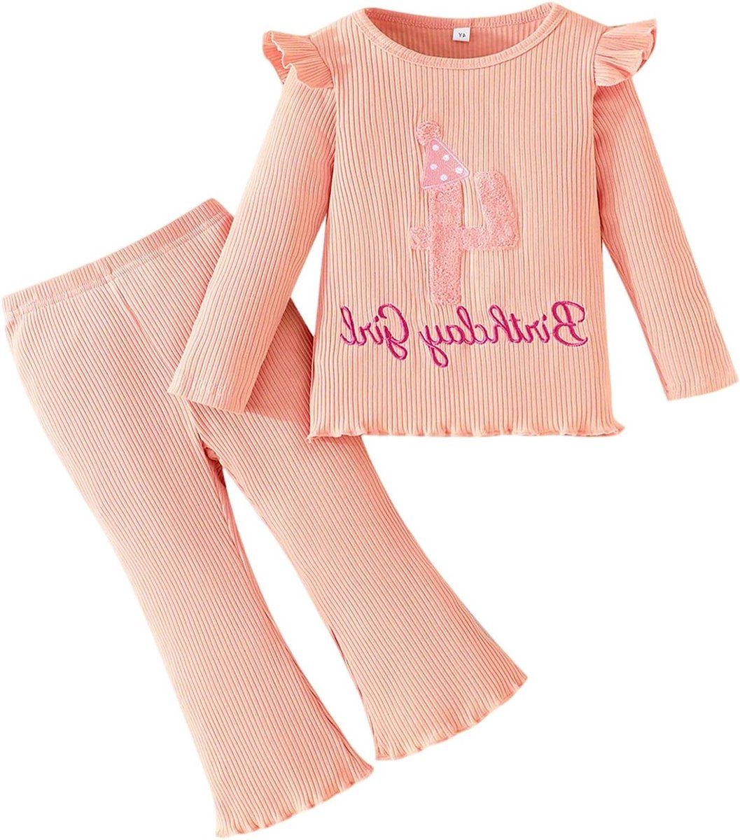 Verjaardagsoutfit voor Meisjes 2-delig - Geborduurde Lange Mouwen Top met Broek - Feestelijke Kleding voor Peuters