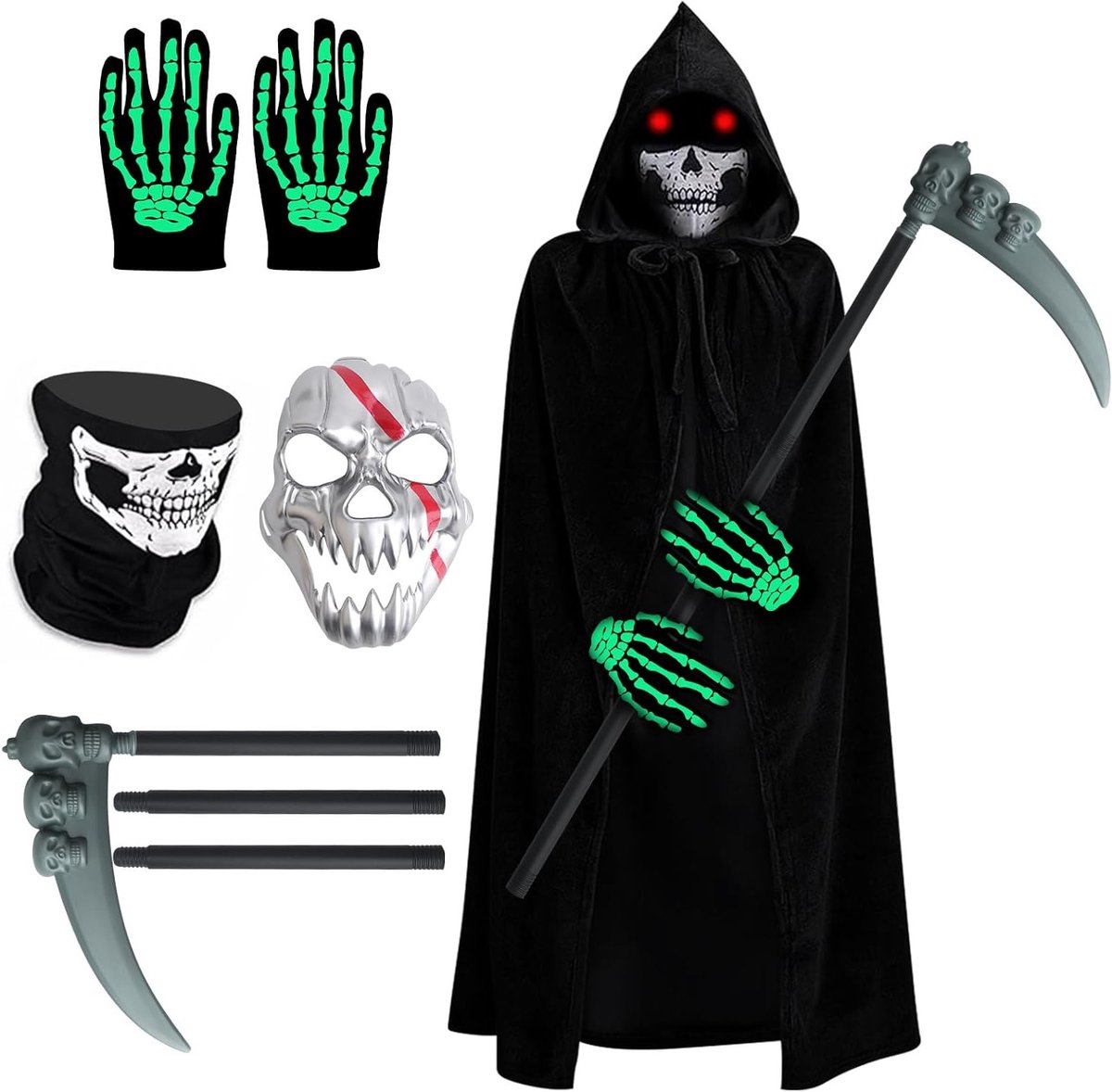 Creepy Halloween Kostuum voor Volwassenen met Schedelmasker, Handschoenen en Zwarte Cape met Kap, Perfect voor Feestjes en Verkleedpartijen