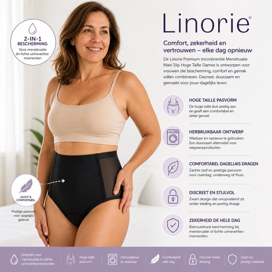 Linorie Premium Incontinence Menstrual Maxi Slip Taille Haute Femme - Zwart - L