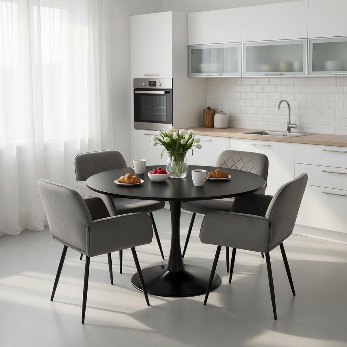 Ronde Eettafel Set 110 cm met 4 Fluwelen Stoelen – Luxe Moderne Keuken- en Eetkamerset met Metalen Onderstel – Zwart/Grijs – Ganeey