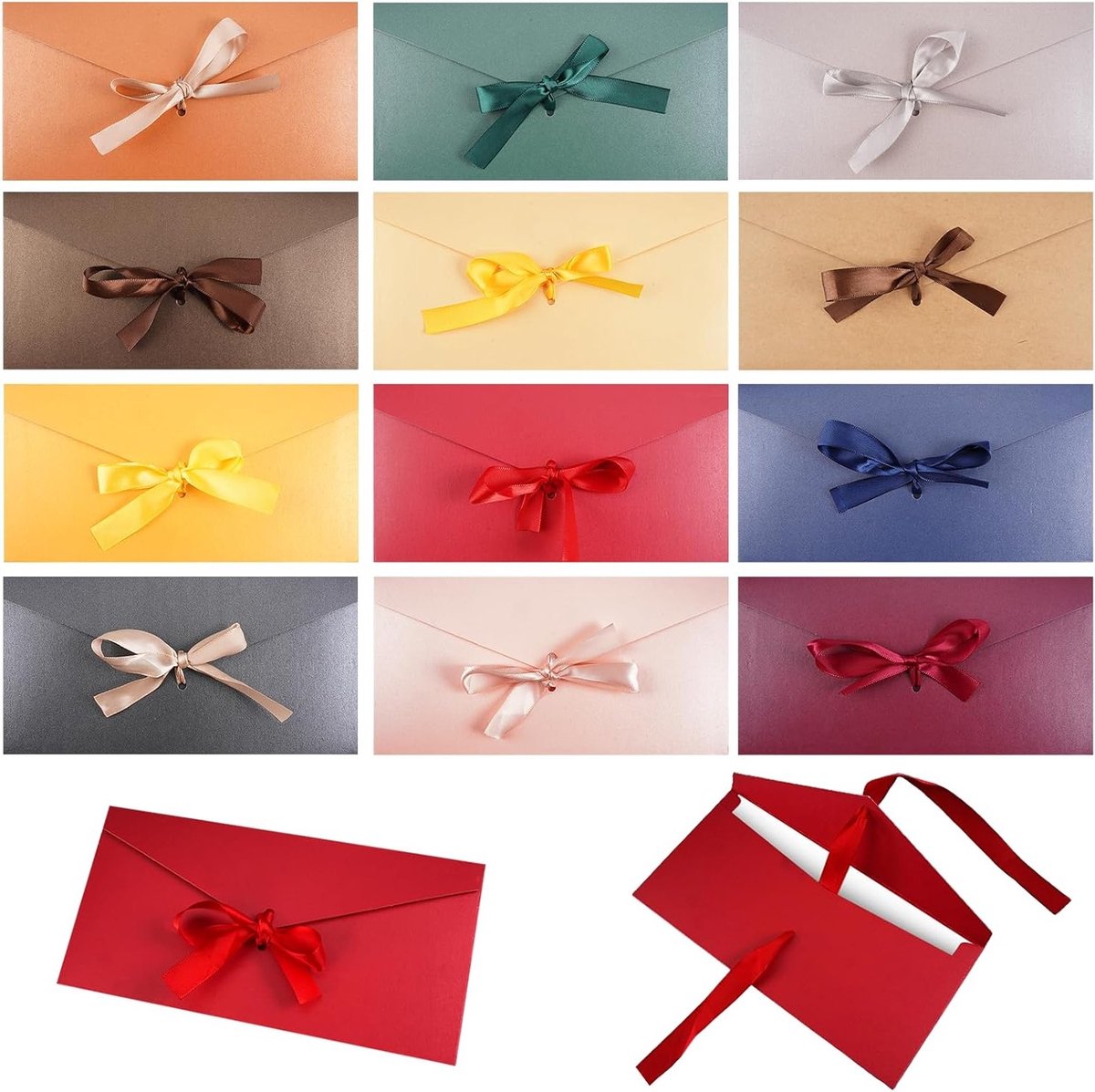 Kleurrijke Vintage Kraft Papieren Enveloppen met Ribbons - 12 Stuks, 22 x 11 cm, Perfect voor Uitnodigingen, Cadeaubonnen en Verjaardagskaarten