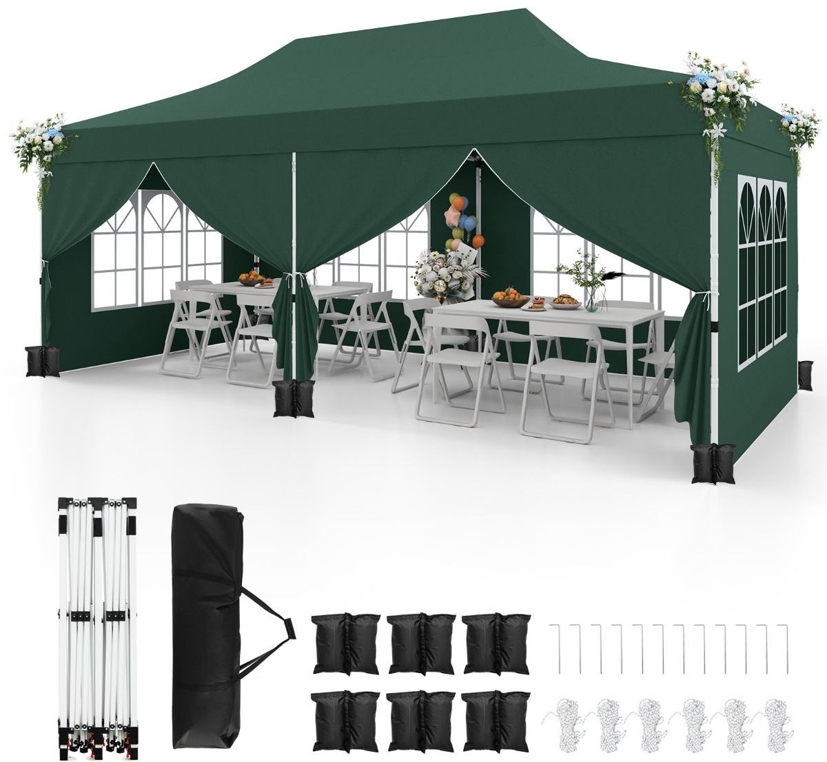 Partytent opvouwbaar - Paviljoen - 300 x 600 cm - Easy up - Waterdicht - met Zijwanden - Weerbestendig - Groen
