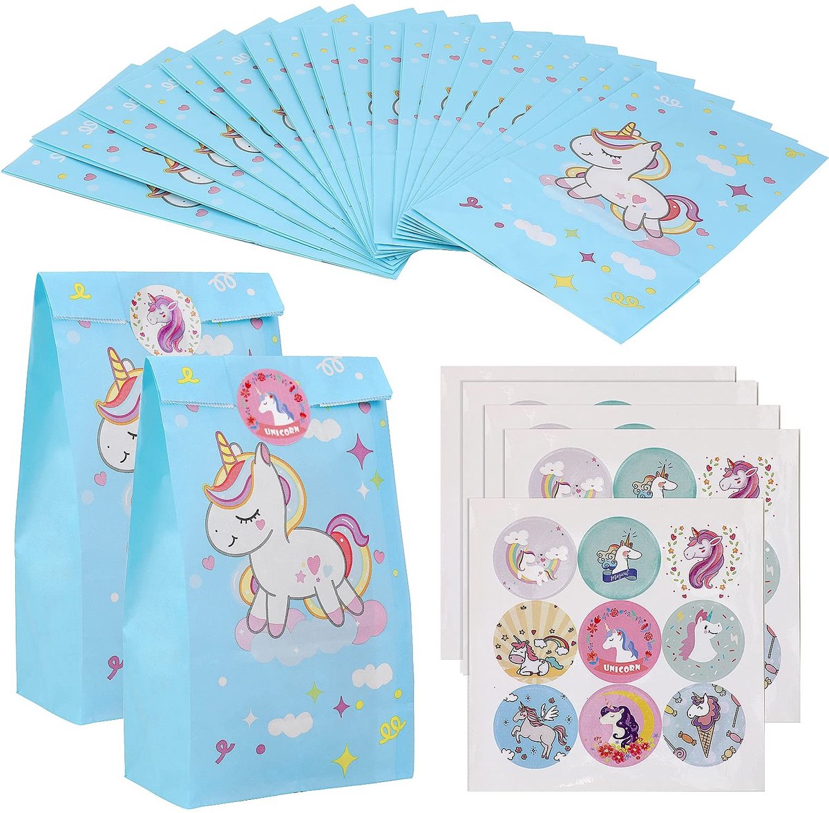 aladdien - cadeauzakjes - eenhoorn - feestzakjes voor kinderen - 20 stuks - papieren zakjes - perfect voor verjaardagen - met stickers