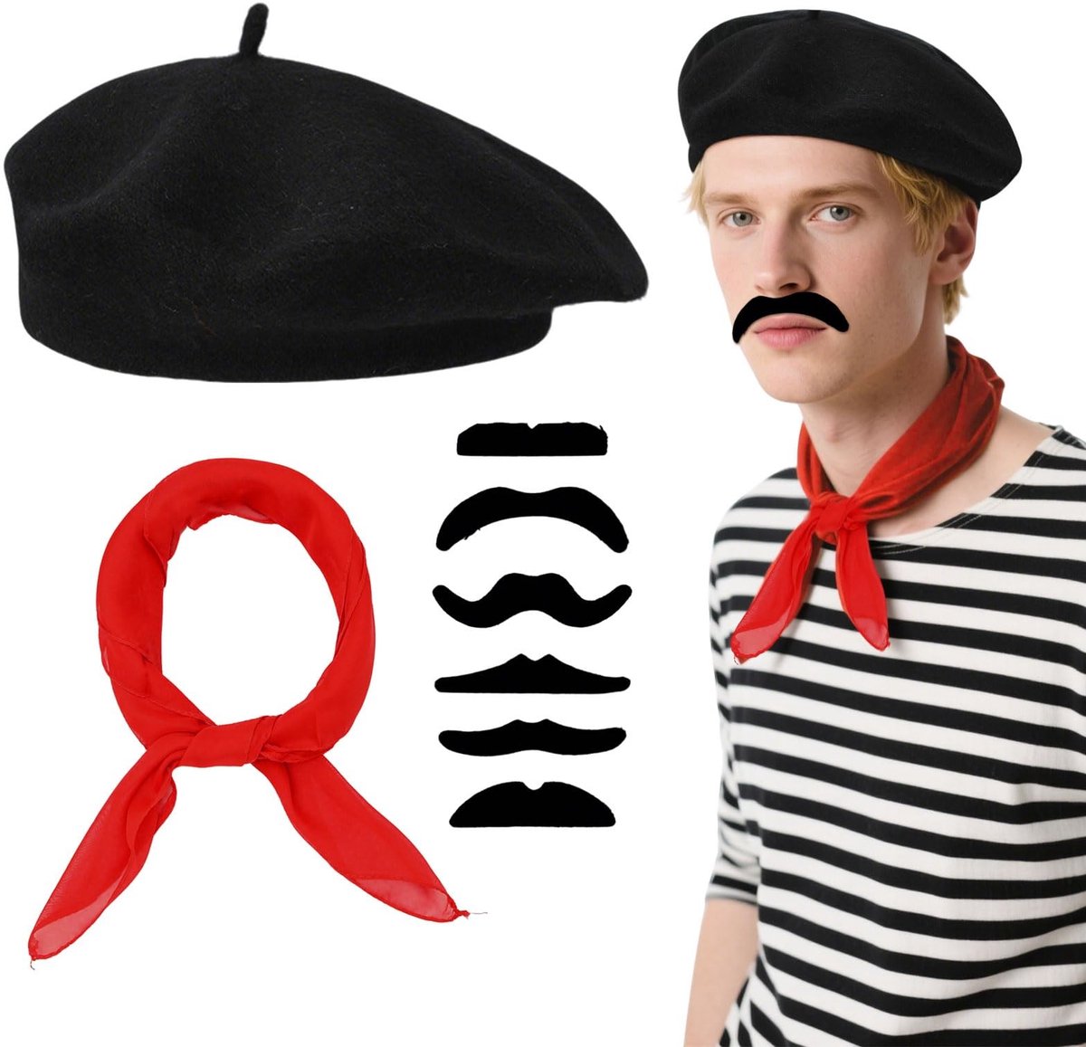 Allecto - Franse Kostuum Accessoires - 8-delige Set - Inclusief Beret en Snor - Voor Volwassenen - Voor Feestjes - Voor Carnaval