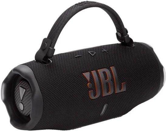 Enceinte JBL Charge 6 noire avec sangle de transport amovible et logo JBL orange.