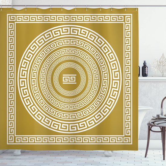Foto: Abakuhaus griekse key douchegordijn frieze meanderlijnen stoffen stof badkamerdecoratieset met haken 175 x 200 cm licht amber wit