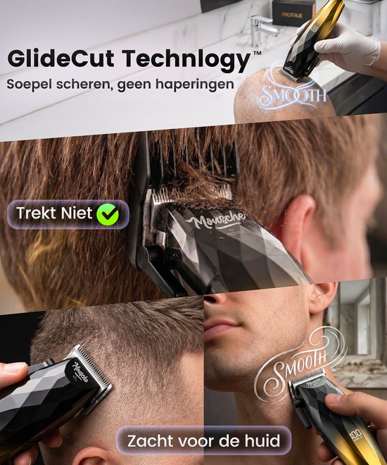 Tondeuse wordt gebruikt op hoofd en baard. Toont de 'GlideCut Technology' voor soepel scheren en zachtheid voor de huid.