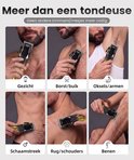 Collage van mannen die de tondeuse gebruiken voor gezicht, borst, buik, oksels, schaamstreek, rug, schouders en benen.